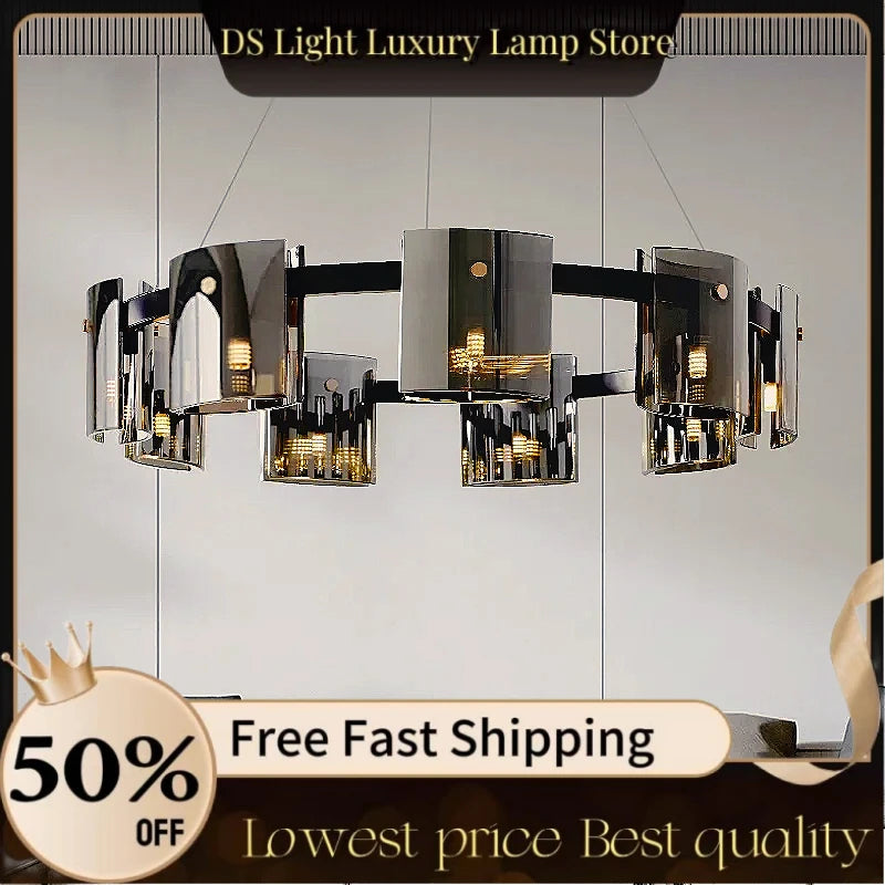 Postmodern LED Amber Smoky Glass Chandeliers