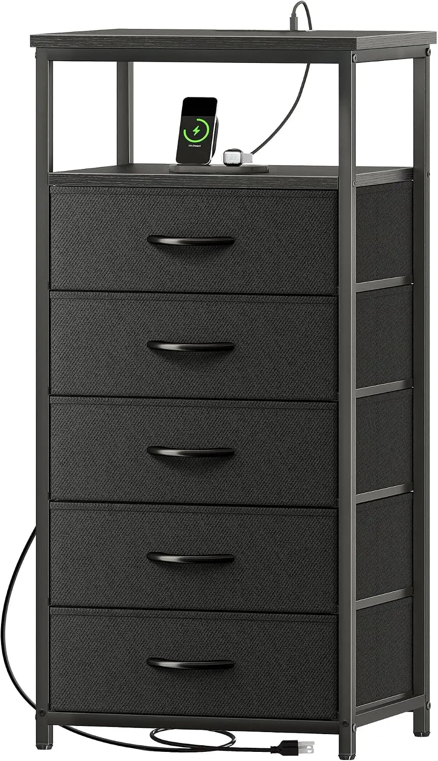 Huuger 5 Drawers Dresser with Charging Station, Chest of Drawers with Open Shelf,
