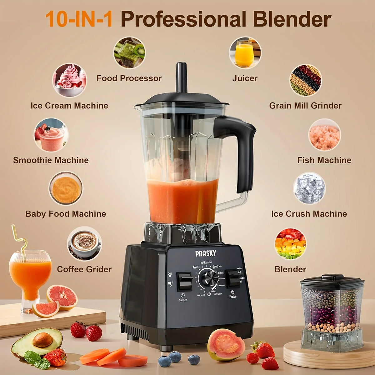 PRASKY 2400W Blender and Grinder Combo