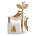 Modern Cat Tree Tower with Natural Solid Wood Scratching Posts Spacious Wicker Basket Luxury Cat Condo Bed