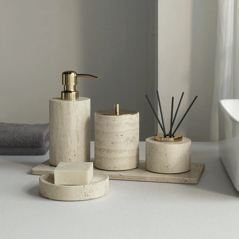 Travertine Bathroom Accessories Set Luxury Soap Dish Soap Dispenser Reed Diffuser Tissue Box Tray Bathroom Set