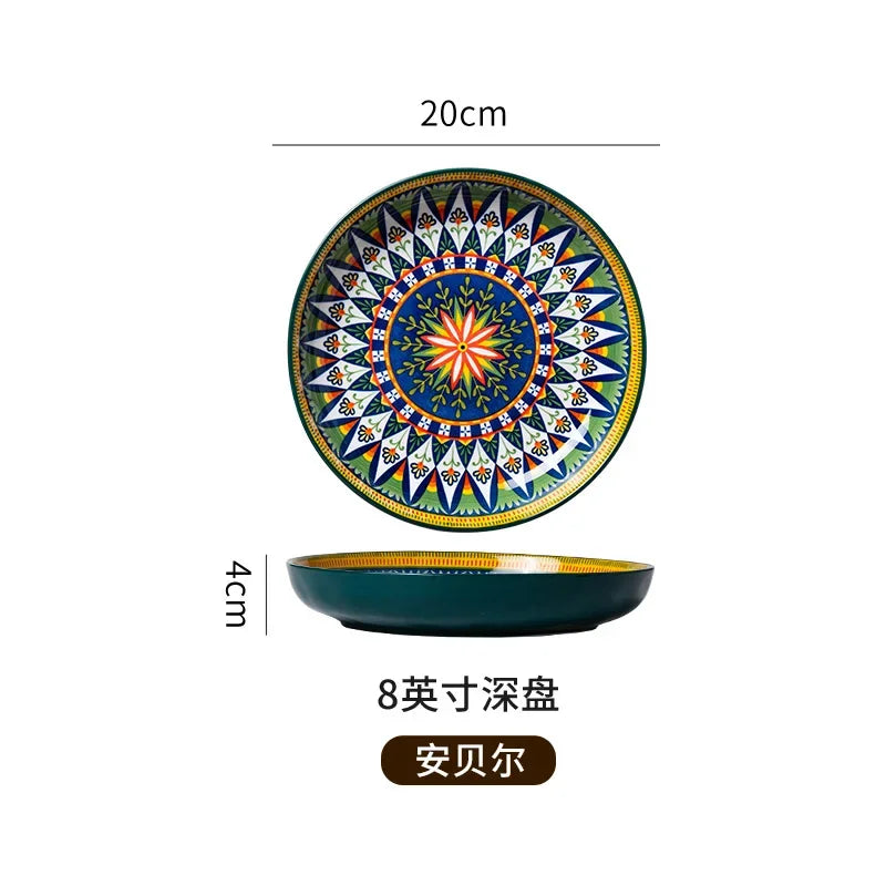 7in or 8in Ceramic Plates Household Retro Tableware Pasta Steak Plate Breakfast Dumpling  Fruit Plate