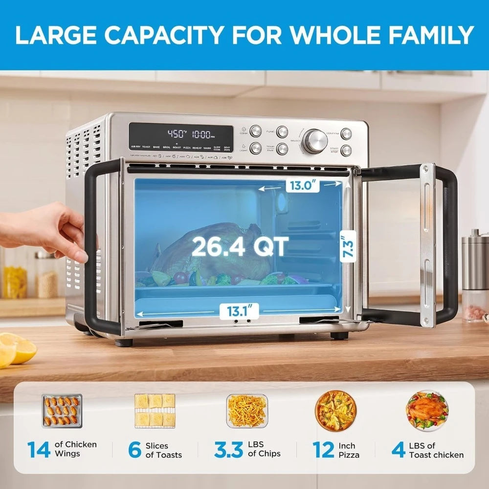 Large Capacity 26.4 QT French Door Toaster Oven Air Fryer Combo 10-in-1 Countertop Oven Faster Cooking Less Oil Stainless