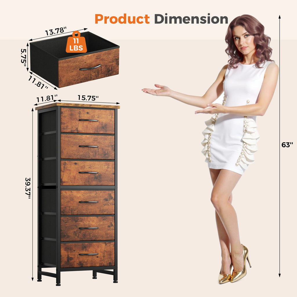 JHK Tall 6 Fabric Drawer Dresser with Wood Top and Metal Frame