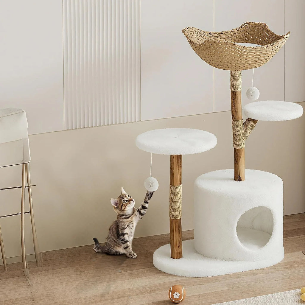 43 Inch Wooden Cat Tree Tower with Rattan, Large Cat Climbing Furniture, Multi-Level Activity Center with Perches,