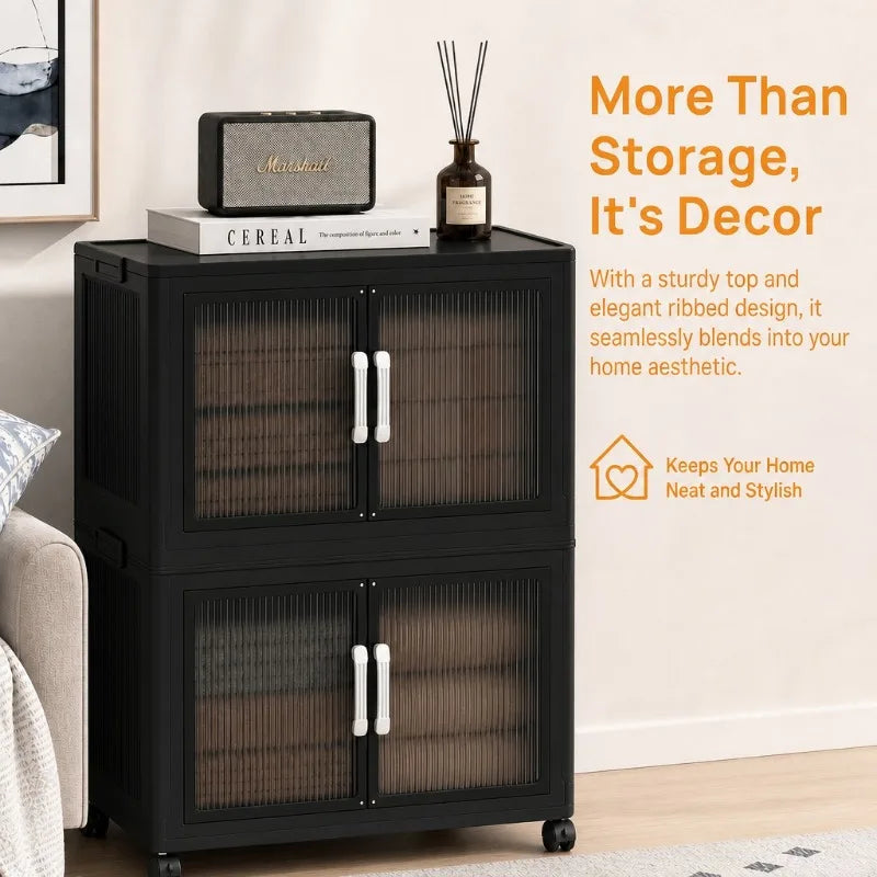 Foldable Storage Cabinets with Wheels, Stackable Plastic Storage Organizers with Transparent Flap Doors,