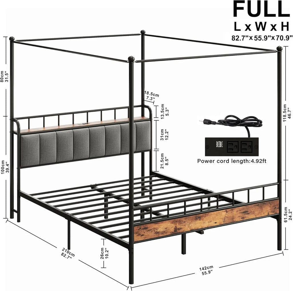 LIKIMIO Canopy Bed Frame Queen, Storage Headboard with Charging Station, Platform Bed with 4 Removable Sturdy Posts,