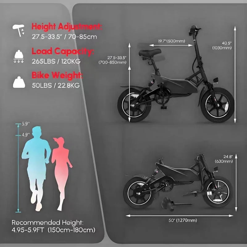 36V7.5AH foldable 14-inch lithium battery electric bicycle, 250W brushless motor
