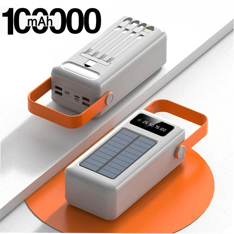 200000mAh Solar Panel Power Bank Fast charging Power Station with Four Wire External Battery Pack with Flashlight For Outdoors