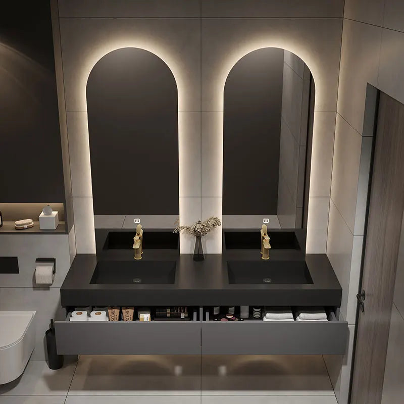 Designer Customized High-end Villa Light Luxury Rock Slab Integrated Basin Bathroom Cabinet in Combination with Double Mirror