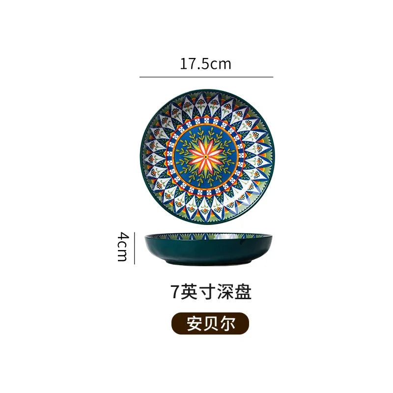 7in or 8in Ceramic Plates Household Retro Tableware Pasta Steak Plate Breakfast Dumpling  Fruit Plate
