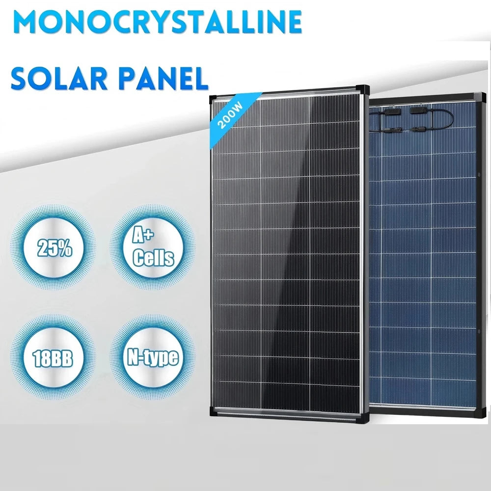 Bifacial 200W N-Type Monocrystalline Solar Panel 18V 18BB Busbar High Efficiency PV Module Dual-Sided Power Generation IP68 Waterproof Off Grid Solar Charger for Home Cabin RV Camper Camping Boat Yacht Battery Power Station O
