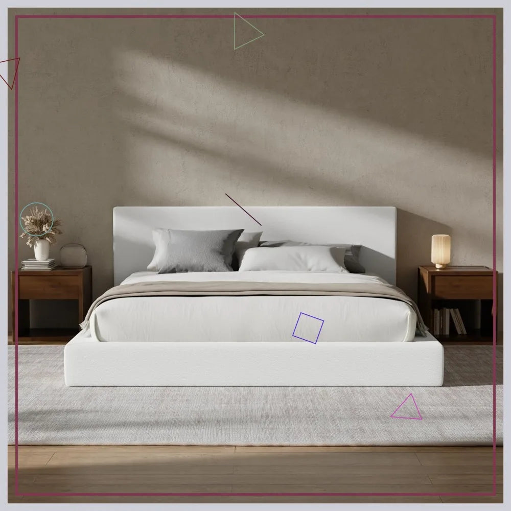 King Size Cloud Platform Bed Frame with Headboard, Upholstered Foam Cushioned Bed, No Box Spring Needed, White