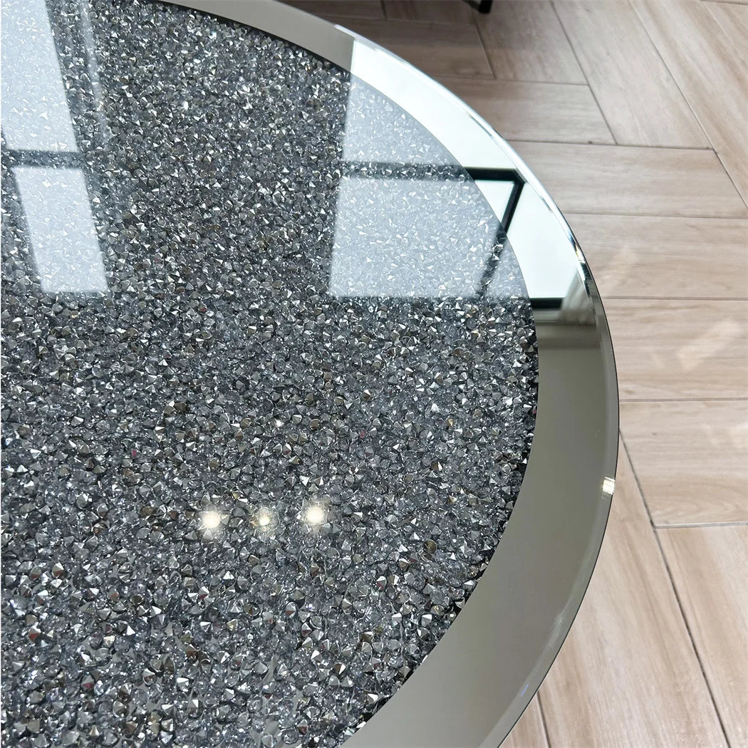 Luxury Silver Round Mirrored Coffee Table, Elegant Accent Side Table with Glass Tabletop