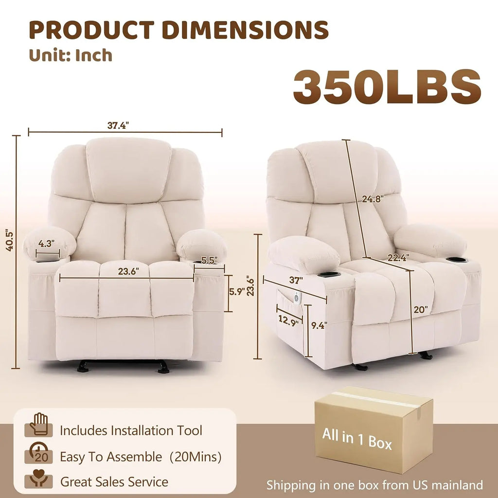 Massage Rocker Recliner Chair with Heat & Vibration, 4 Pockets, 2 Cup Holders, Fabric