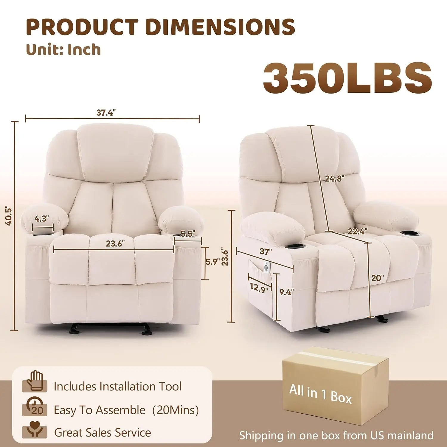 Massage Rocker Recliner Chair with Heat & Vibration, 4 Pockets, 2 Cup Holders, Fabric