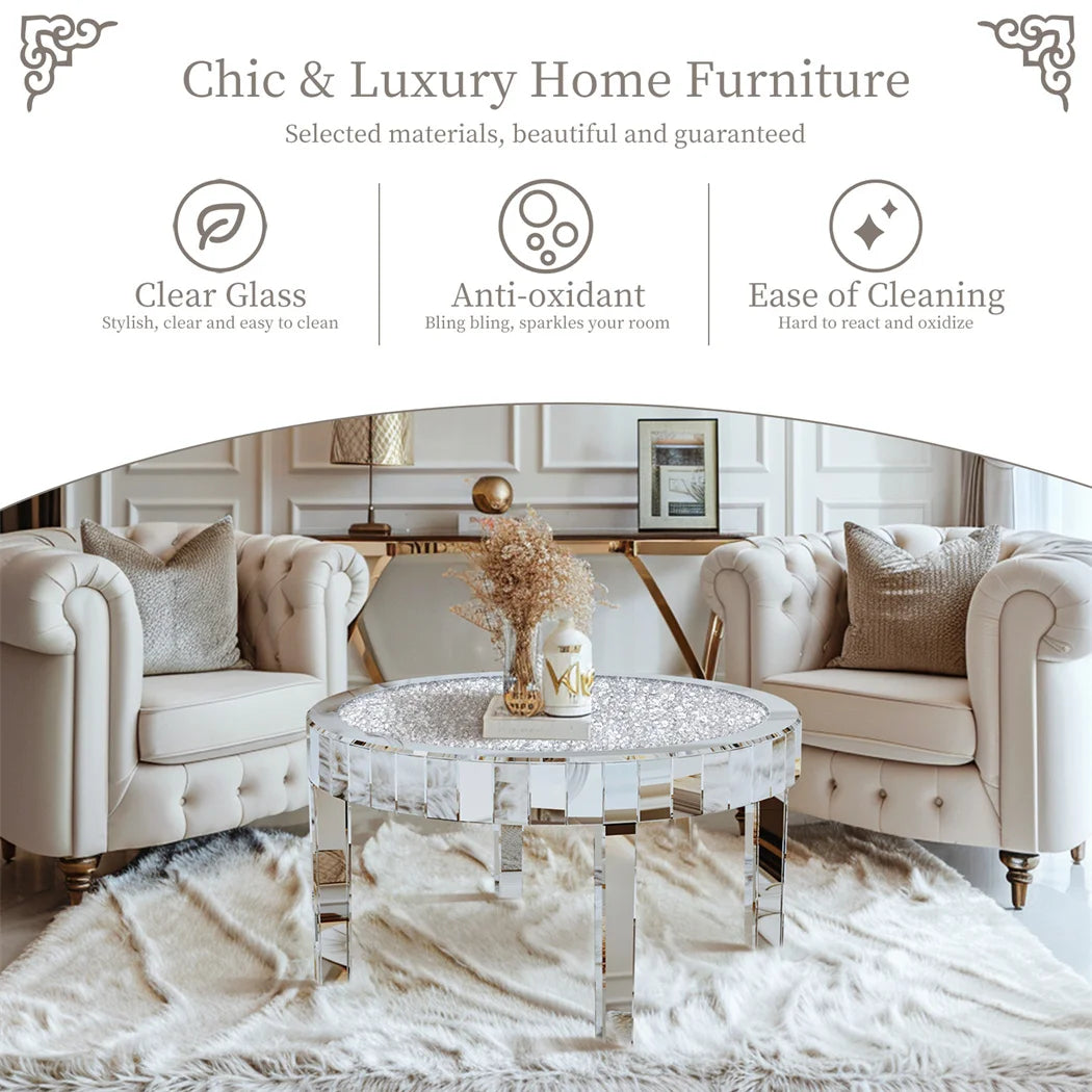 Luxury Silver Round Mirrored Coffee Table, Elegant Accent Side Table with Glass Tabletop