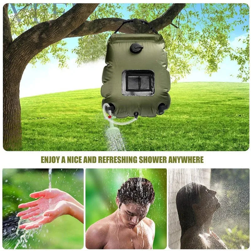 Portable Military Green 20L Solar Heated Shower Bag Outdoor Camping Bath Shower Water Bag for Bathing and Grooming Camping Gear