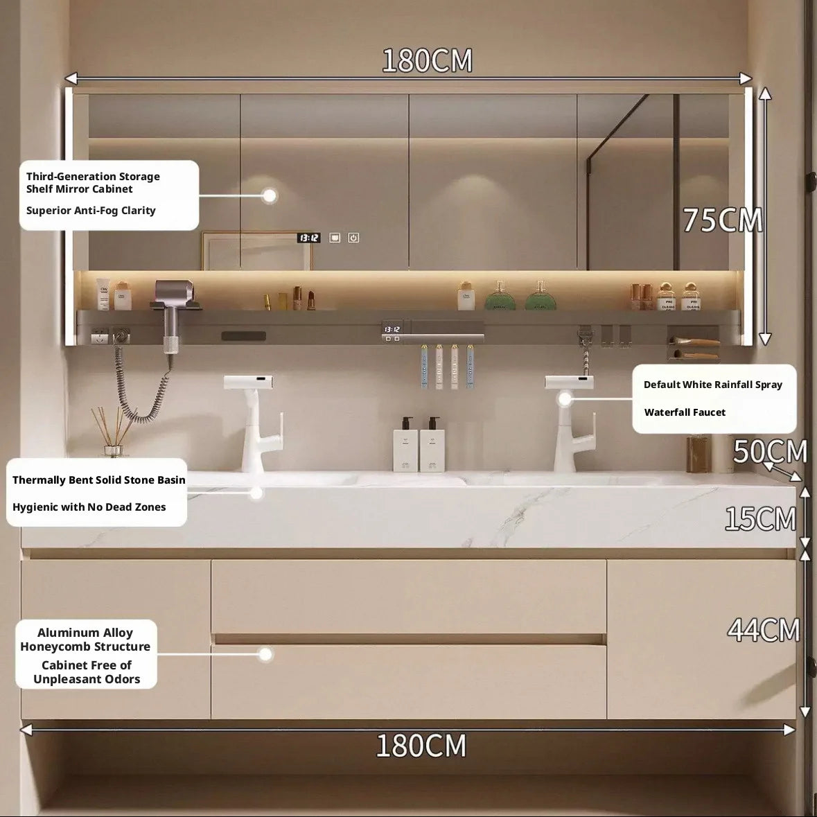 Seamless Integrated Bathroom Vanity with Slab Stone Basin, 2026 New Model
