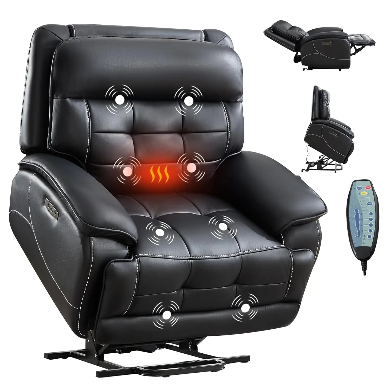 Dual Motor Power Lift Recliner, 26in Wide, Heat Massage, Leather Lay Flat, USB