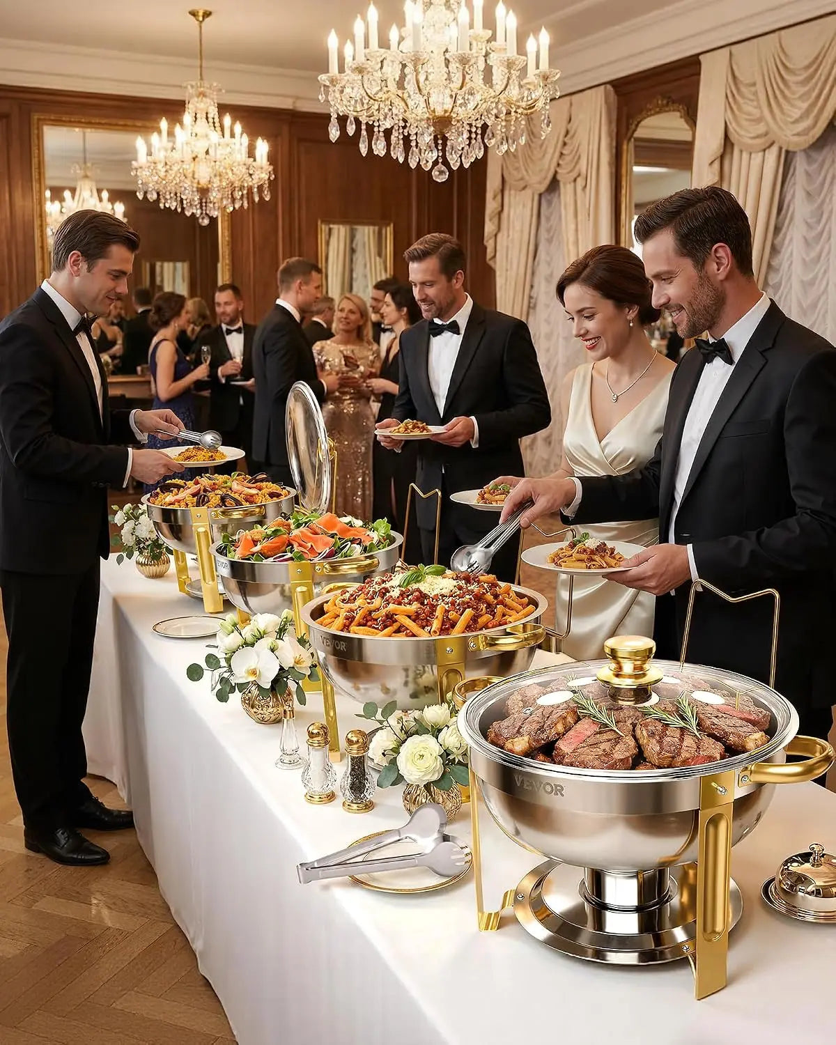 Chafing Dish Buffet Set, 5 Qt 4 Pack, Round Catering Warmer Server with Glass Lid Water Pan, Folding Stand Fuel Holder