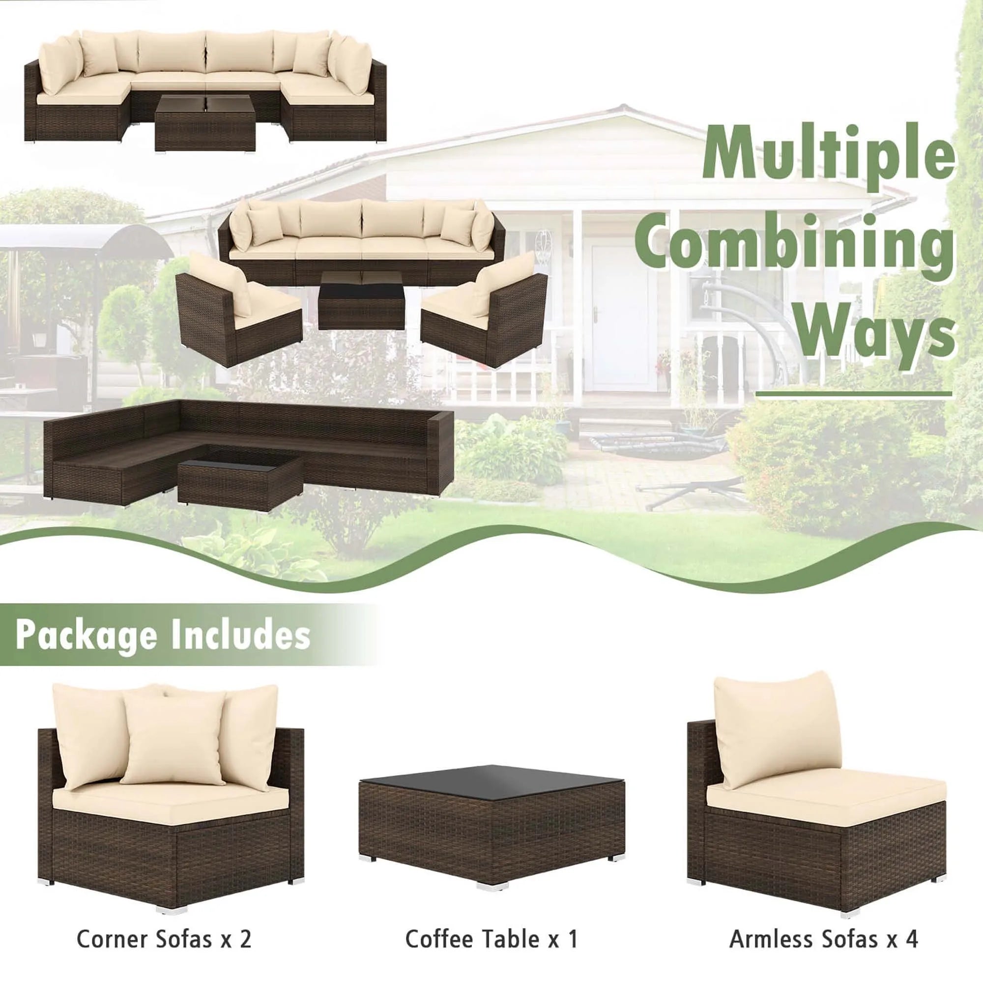 Hot Sale Item 7 PCS Brown Patio Rattan Cushioned Sectional Sofa Set
