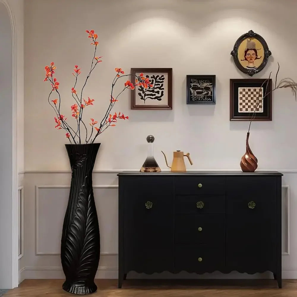 Handmade Ceramic Vase For Pampas Grass Tall Large Black Floor Vase For Home Living Room Decor Feather Pattern Wide Mouth Opening