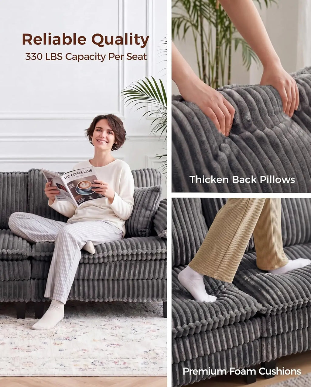 118" Modular Sectional Sofa, Wide-Channel  Corduroy