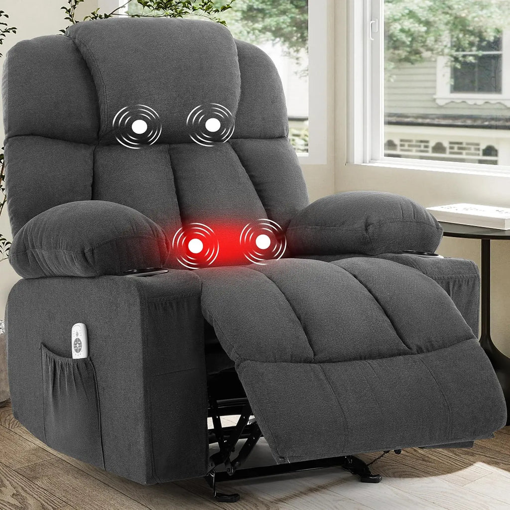 Massage Rocker Recliner Chair with Heat & Vibration, 4 Pockets, 2 Cup Holders, Fabric