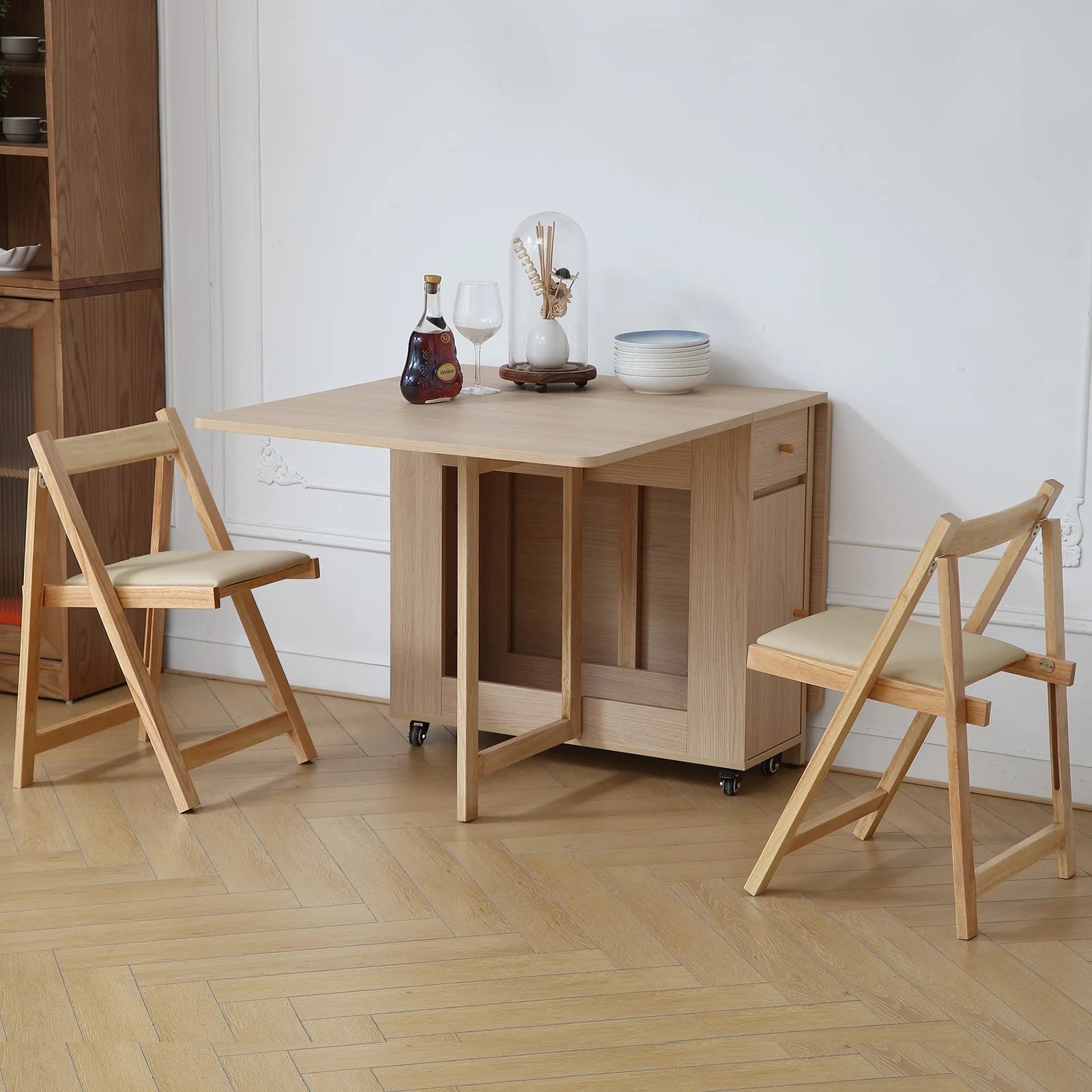 Extendable Drop Leaf Folding Dining Table with 2 Drawers and 4 Wheels and Chairs