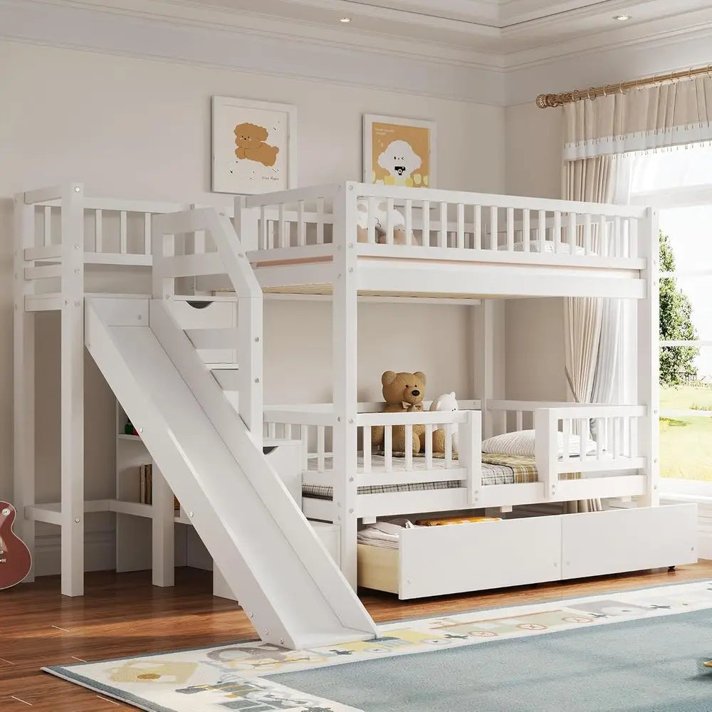 RUNNA Twin Over Twin Bunk Bed with Slide, Storage Drawers & Staircase, Solid Pine Wood, No Box Spring Needed,