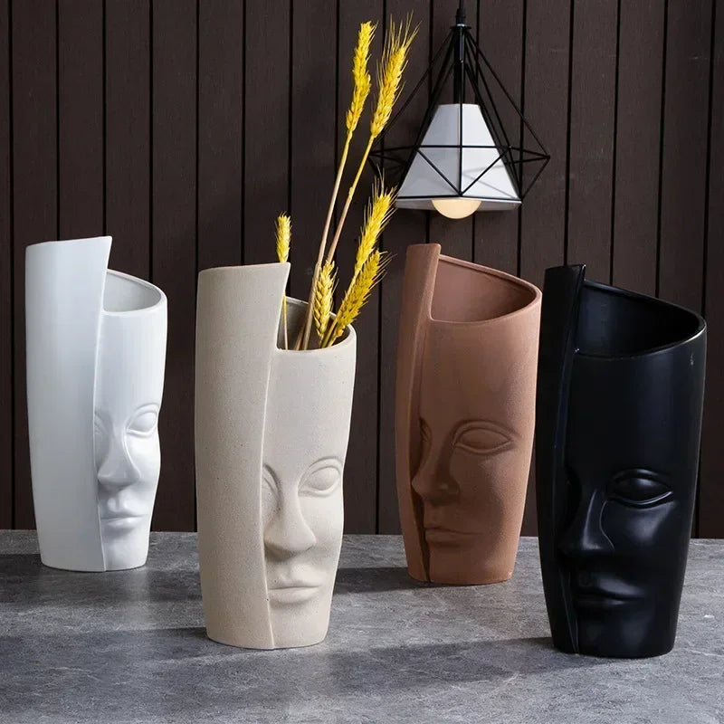 Sculptured Ceramic Human Face Art Vase
