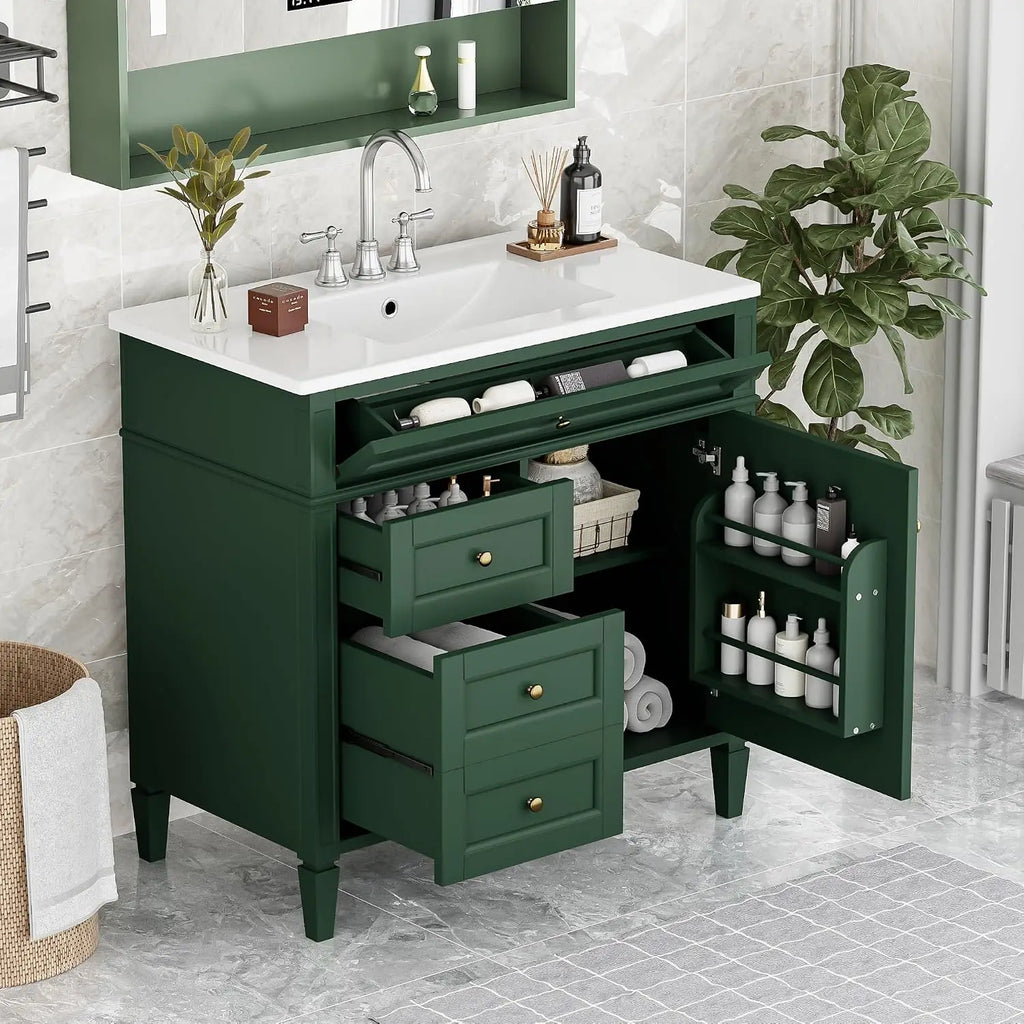 36'' Bathroom Storage Cabinet Vanity with Single Sink with 2 Drawers, 1 Pull Down Drawer and 1 Door