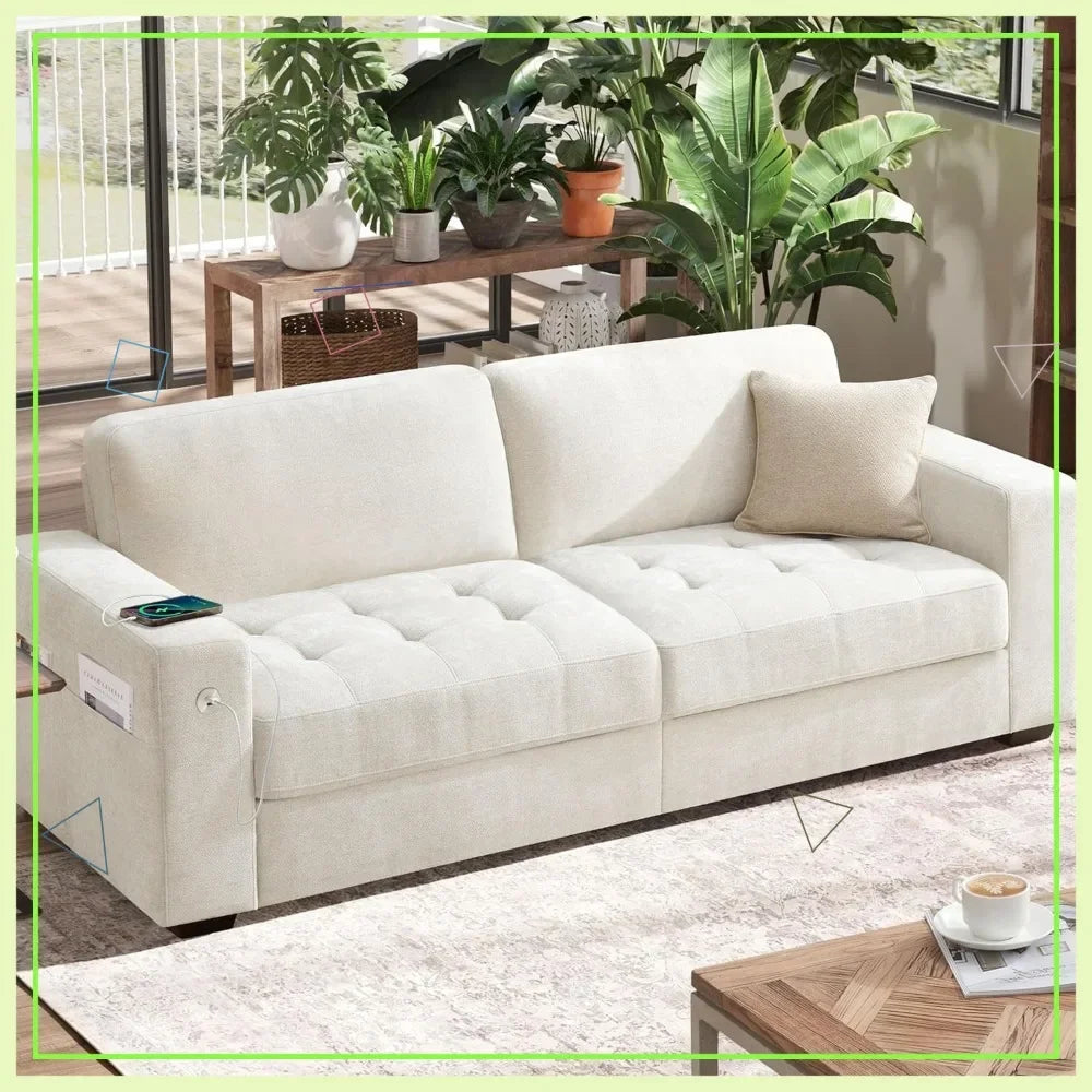 89" Modern Sofa for Small Spaces, Comfy Chenille Fabric with USB/Type-C Ports, Removable Cover & Wide Armrests