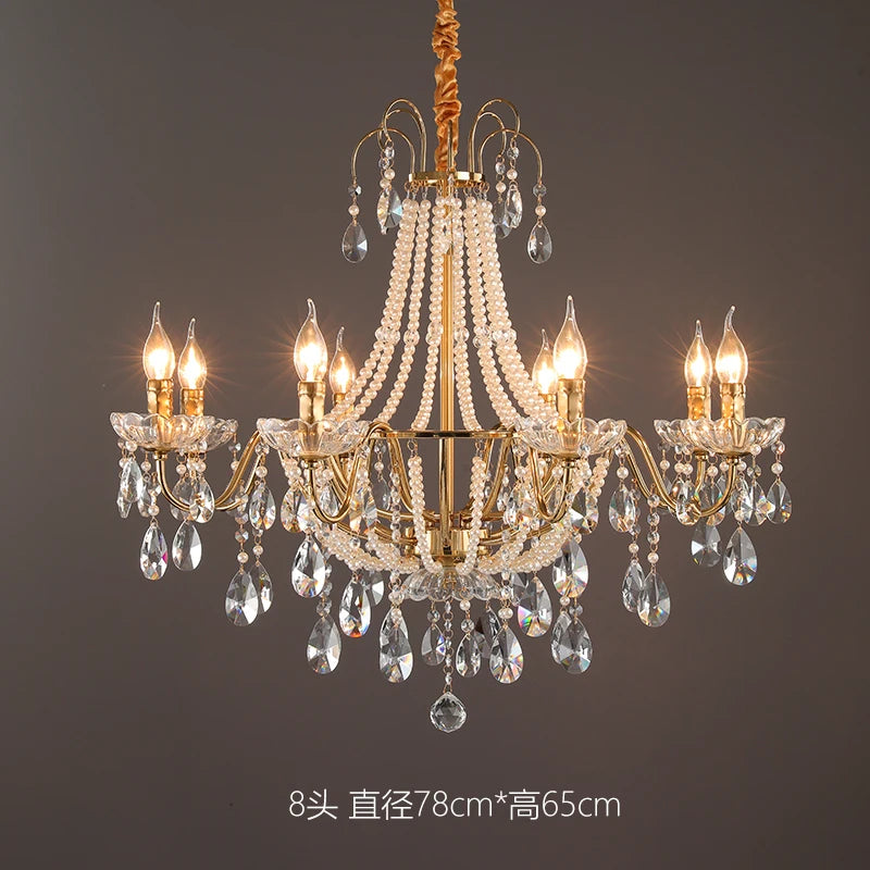 American Crystal Lamp French Retro Style Pearl Chandelier Middle Villa for Living Room Dining Room Bedroom Duplex Chandelier