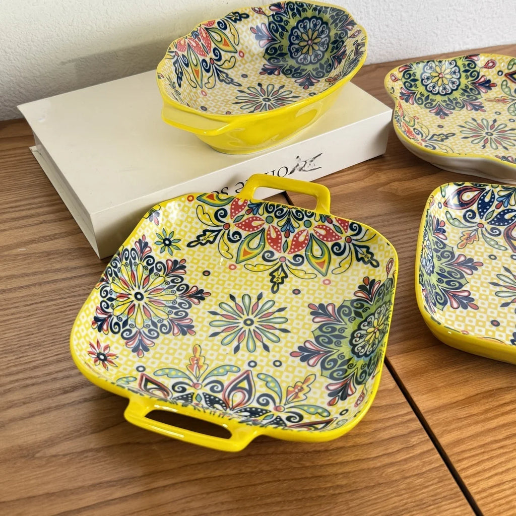Bohemian ceramic plate set, double-eared fish plate, household steamed fish plate, high-value salad plate, cooking plate