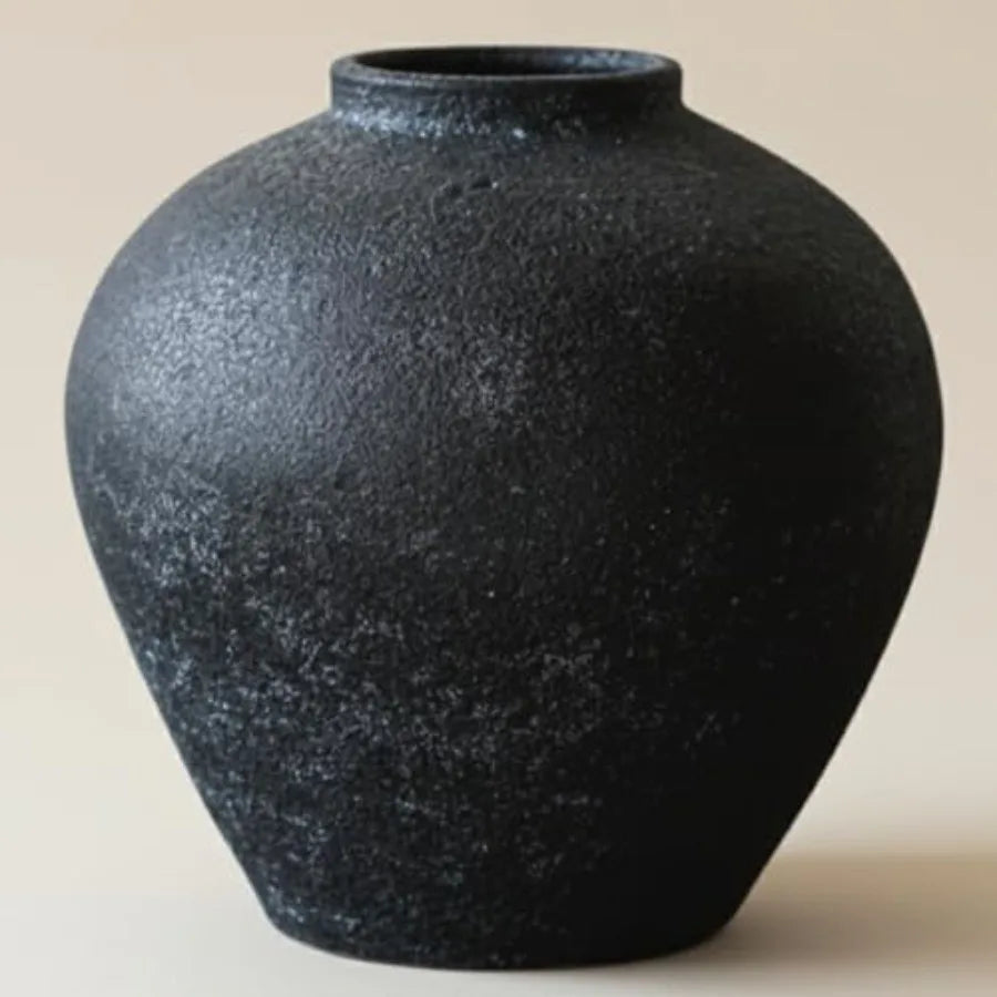 Handmade Large Rustic Ceramic Vase 10.6 Inch Tall, Farmhouse Stone Decor, Big Round Vase Living Room Home Decor, Earthy Texture