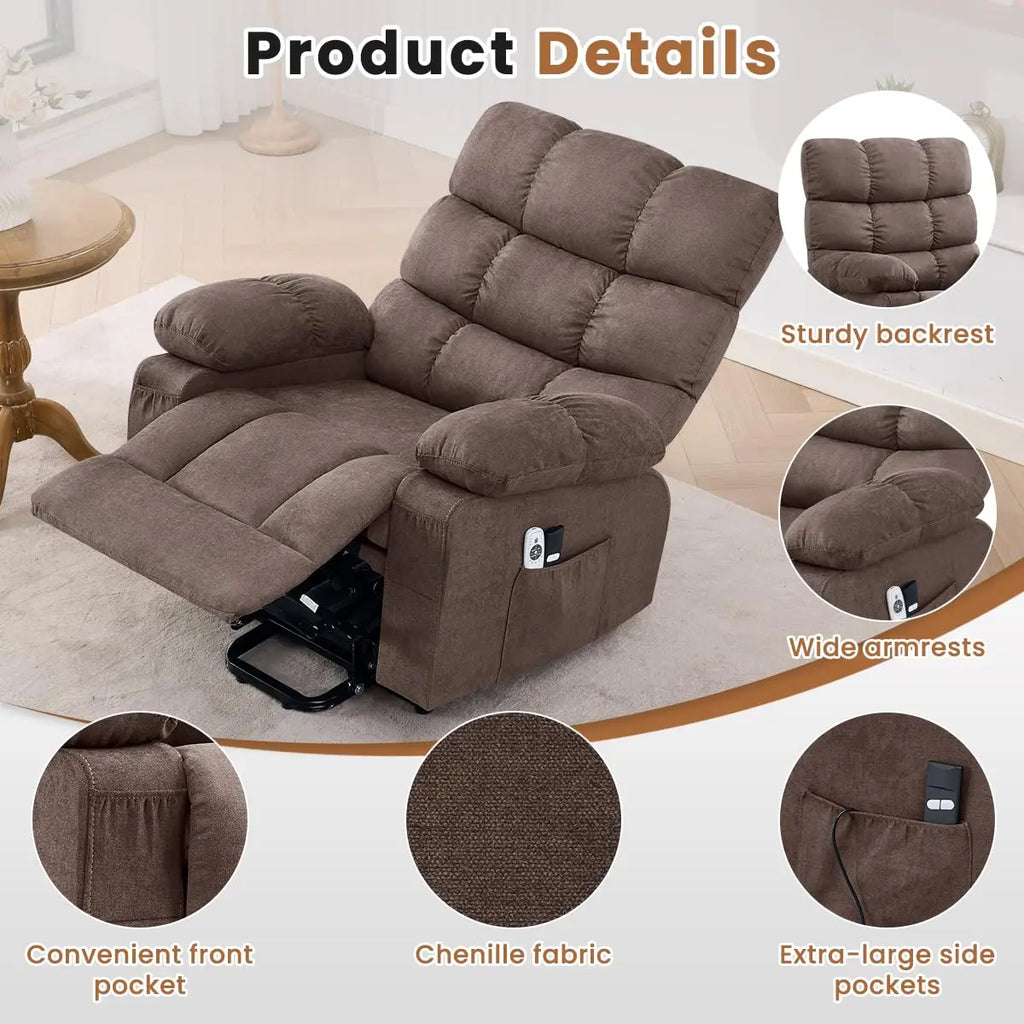 Electric Power Lift Recliner with Massage & Heat for Elderly, Side Pockets