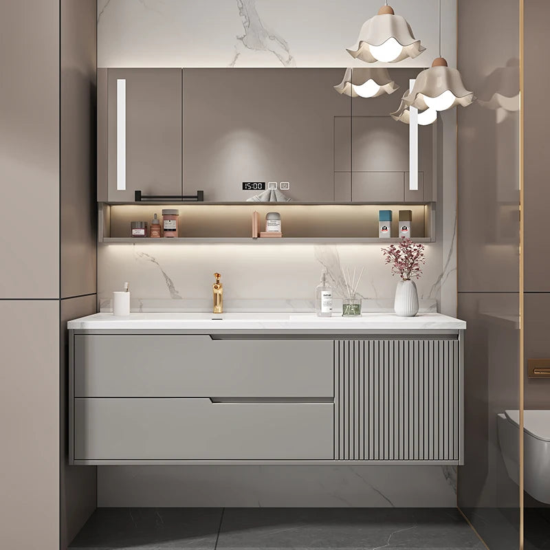 Basin With Wooden Cabine Bathroom Cabinet Vanity With Sink Furniture Combination Oak Smart Mirror Lacquered Seamless Integrated