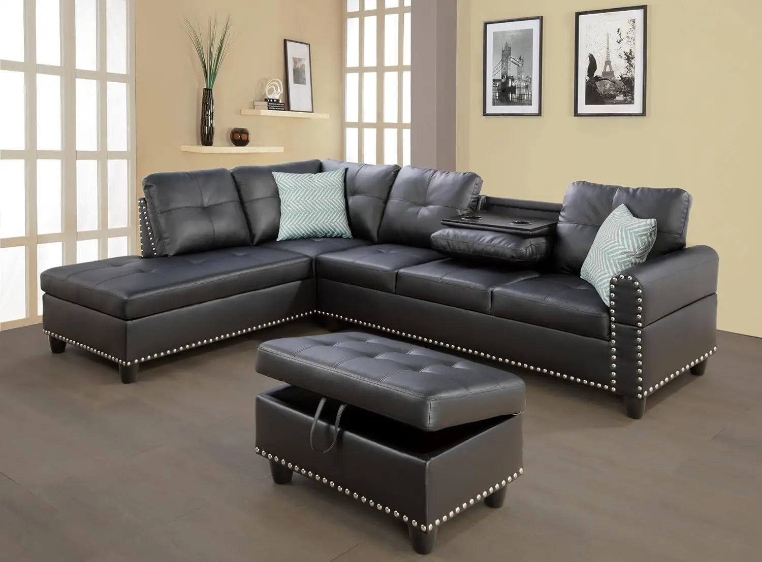 Modern L-Shape Sectional Sofa Chaise & Ottoman, 2 Pillows, Cup Holder