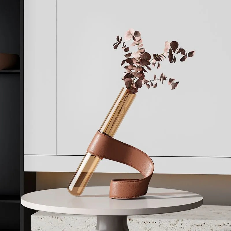 Nordic Modern Artistic Simple Glass Tubular Vases with Leather Bracket