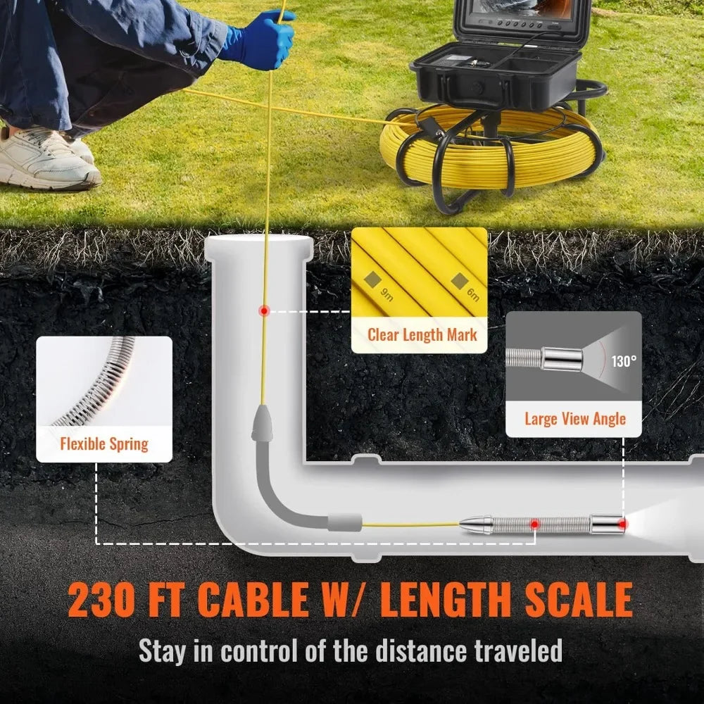 230ft Sewer Camera with 9" Screen, DVR, 12 LEDs, 16GB SD Card,
