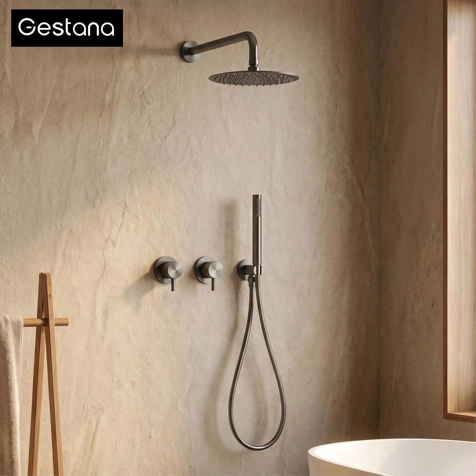 Luxury brass gun gray wall mounted shower head system with minimalist design, dual handle hot and cold water bathroom faucet