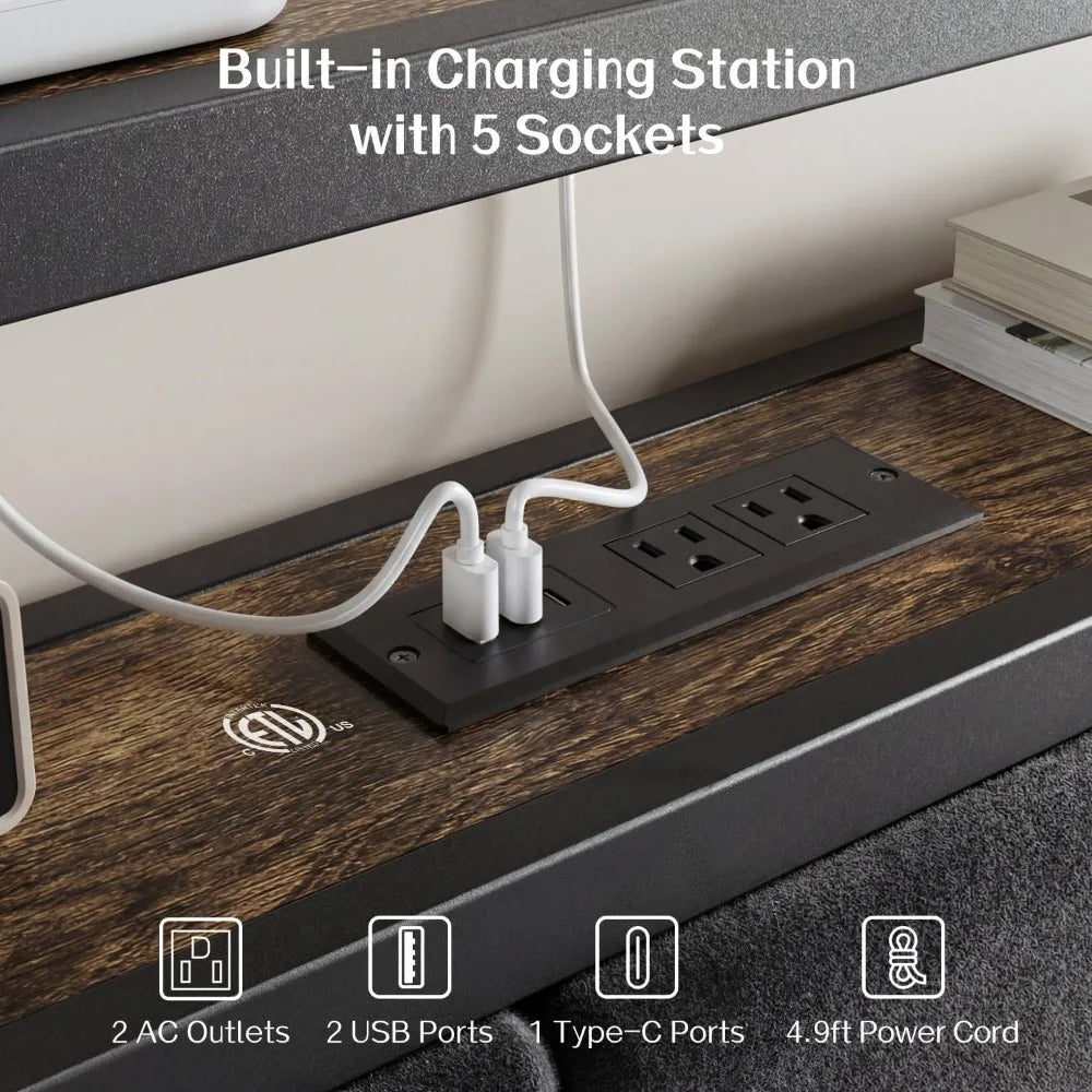 Queen Size Metal Platform Bed Frame with 2-Tier Storage LED Headboard, Footboard, USB Type C Charging Station