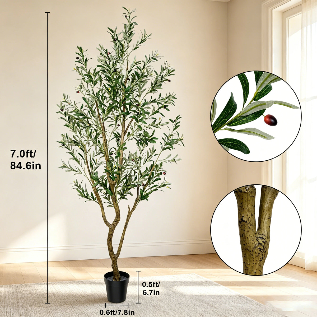 Artificial Indoor Olive Trees, 5.25/6.10/7.10FT Tall Faux Olive Tree with Black Pot,