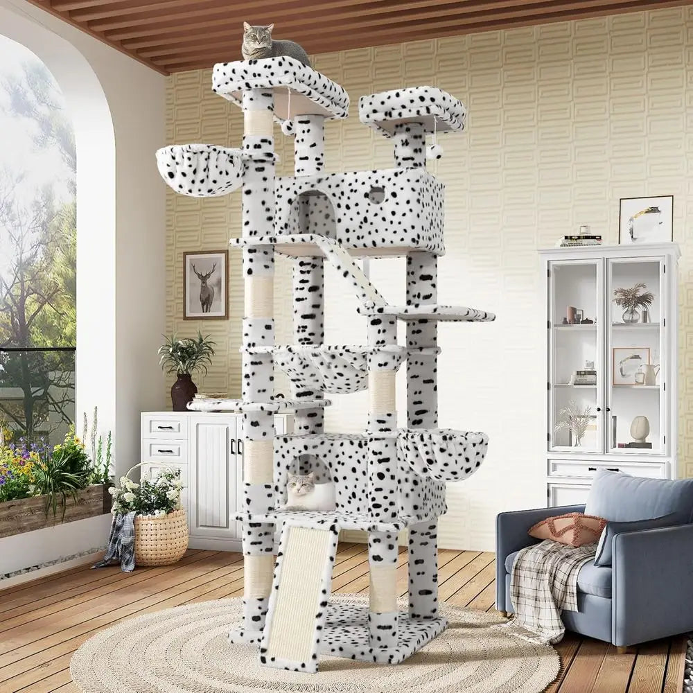 Indoor Multi-Level Cat Tree Tower with Hammock, Perches, Scratching Posts, Pet House, Wide Base, White & Black Spots