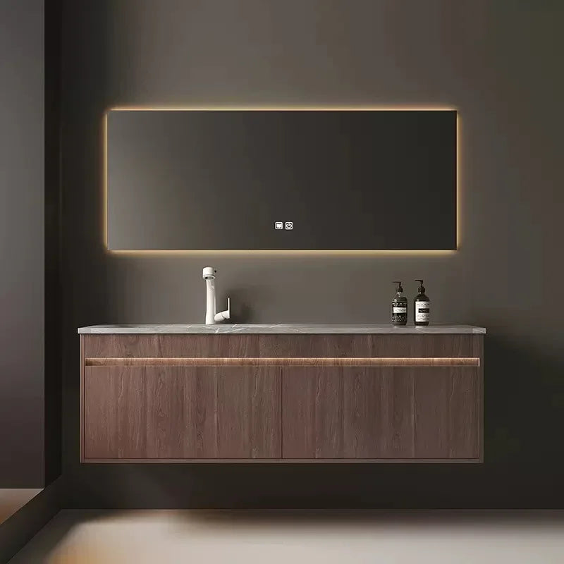 Light Luxury Vanity, Modern Solid Wood Bathroom Sink Cabinet, Rock Slab Integrated Washbasin
