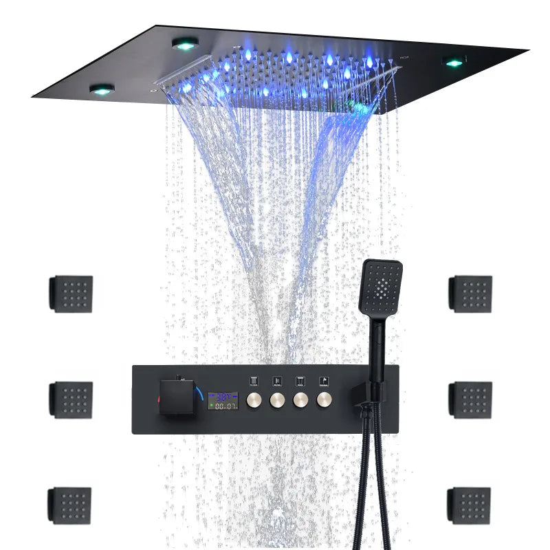 Concealed Brass Shower, LED Thermostatic digital display, showerheads set into the Wall, concealed showerhead in ceiling