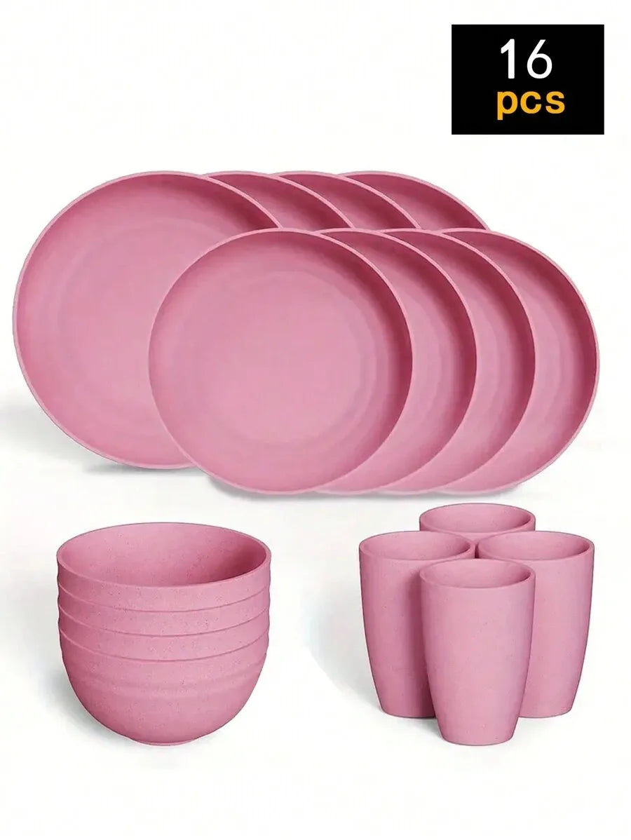 4/16/24pcs Reusable plastic tableware set, including plates, bowls and cups.