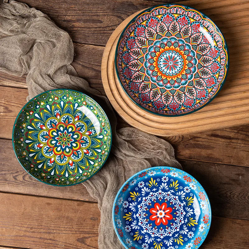 7in or 8in Ceramic Plates Household Retro Tableware Pasta Steak Plate Breakfast Dumpling  Fruit Plate